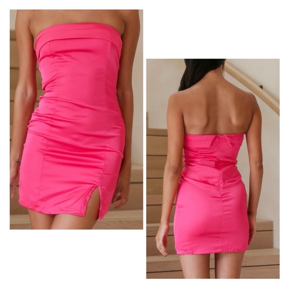 Hello Molly Hot Pink Strapless Check Mini Dress S Flawed Snag Hole Zip NWT - Picture 1 of 15